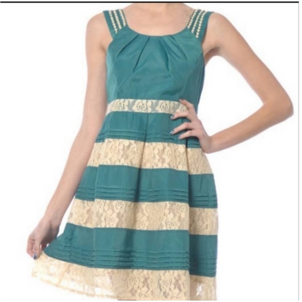 Ryu Teal and Cream Lace-Striped Sleeveless Mini Dress